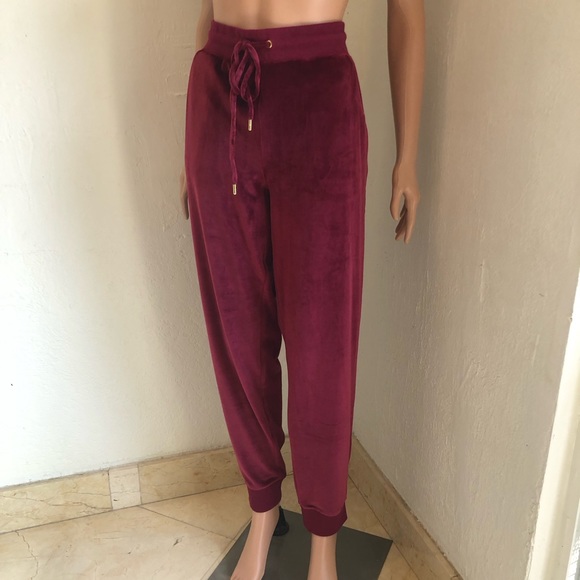 Michael Kors Burgundy Velvet Drawstring Sweatpants Women’s Size L Elastic Waist - Picture 5 of 16